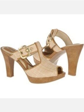💠Naturalizer Kole Sandals Tan Woven Buckle Peep Toe Heels N5 Comfort Womens 7